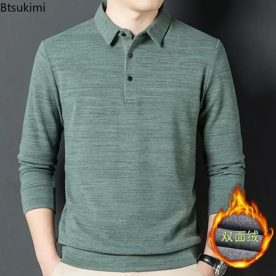 2025 Mens Casual Warm Shirts Tops Solid Autumn Winter Thick Long Sleeve Polo Male TShirt Business Formal Basic 250207