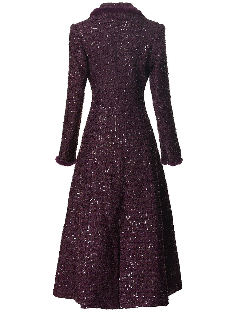 Seasixiang Double Breasted Sequins Tweed Coat For Women Turndown Collar Long Sleeves Feathers Office Lady Outerwear Female 250109Z