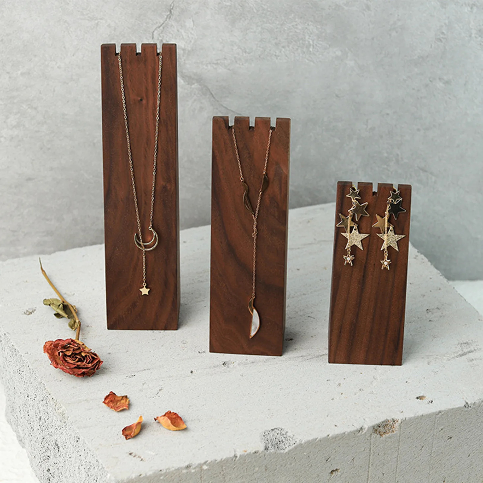 Dark Brown High-end Black Walnut Wood Necklace Bracelet Earring Display Stand Storage Po Props Jewelry Display Stand 1Pc 250221