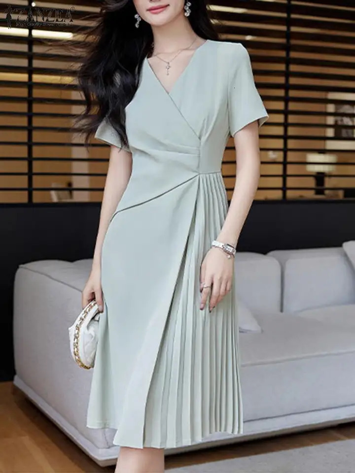 Summer Women Elegant OL Work Sundress V Neck Party Dress 2024 ZANZEA Fashion Short Sleeve Femme Solid Pleated Midi Dresses 250207