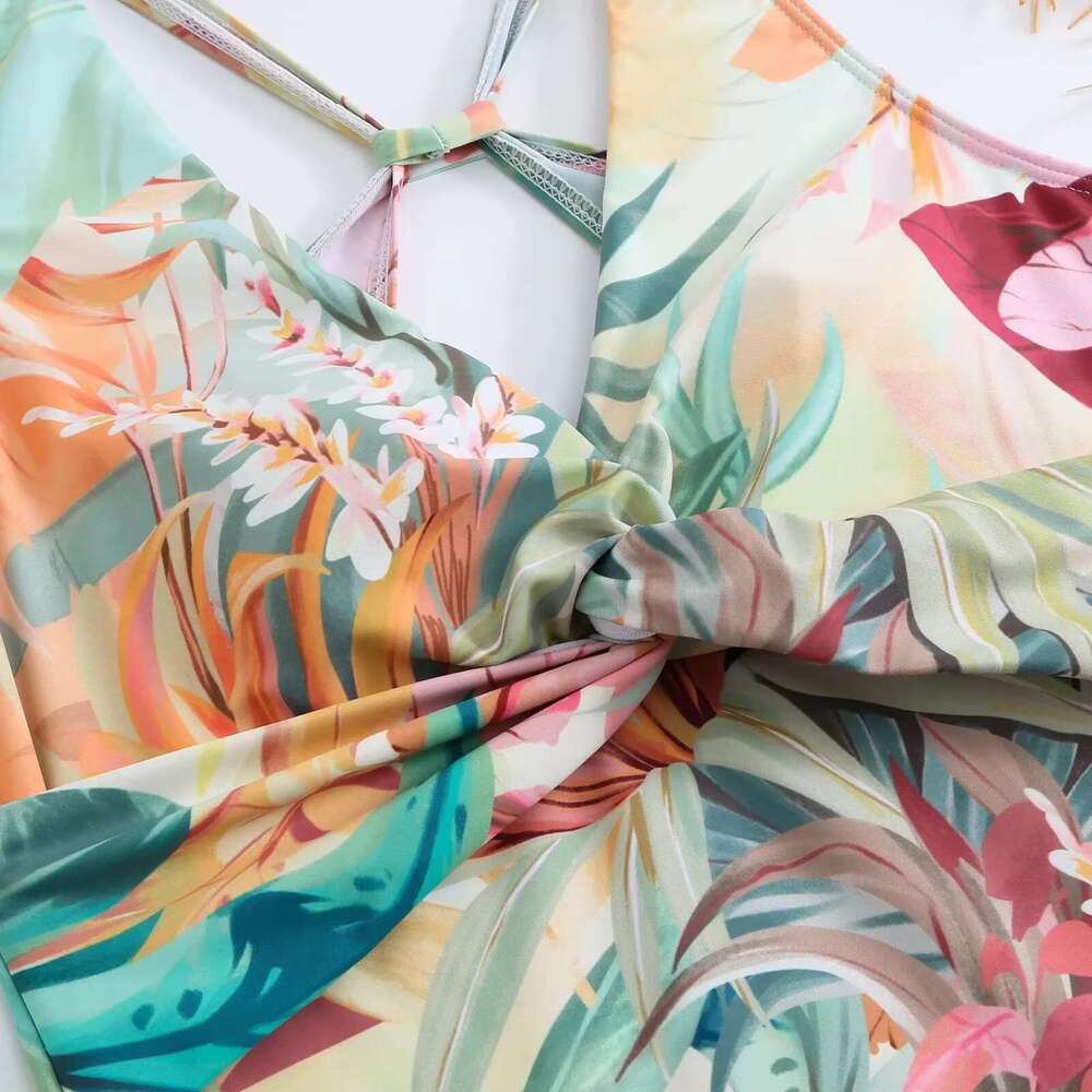 One-piece Bikini Set Women ral Print V-neck Swimsuit Sexy High Waist Beach Skirt Bathing Suit Swimwear Summer Monokini