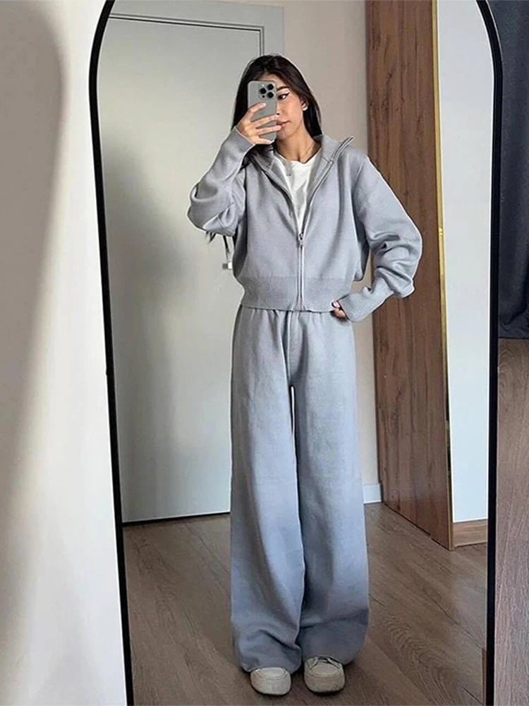 Casual Knit Women Coat Pant Set White Lantern Full Sleeve Coats Female Sets Spring Sport Wide Leg Lady Trousers Suit 250207