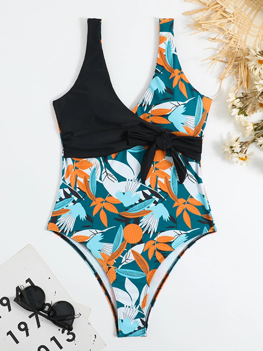 Tropical Print Swimsuit One Piece Knot Side Belted Swimwear Women Padded Bathing Suit Female Swimming Summer Beachwear 250206