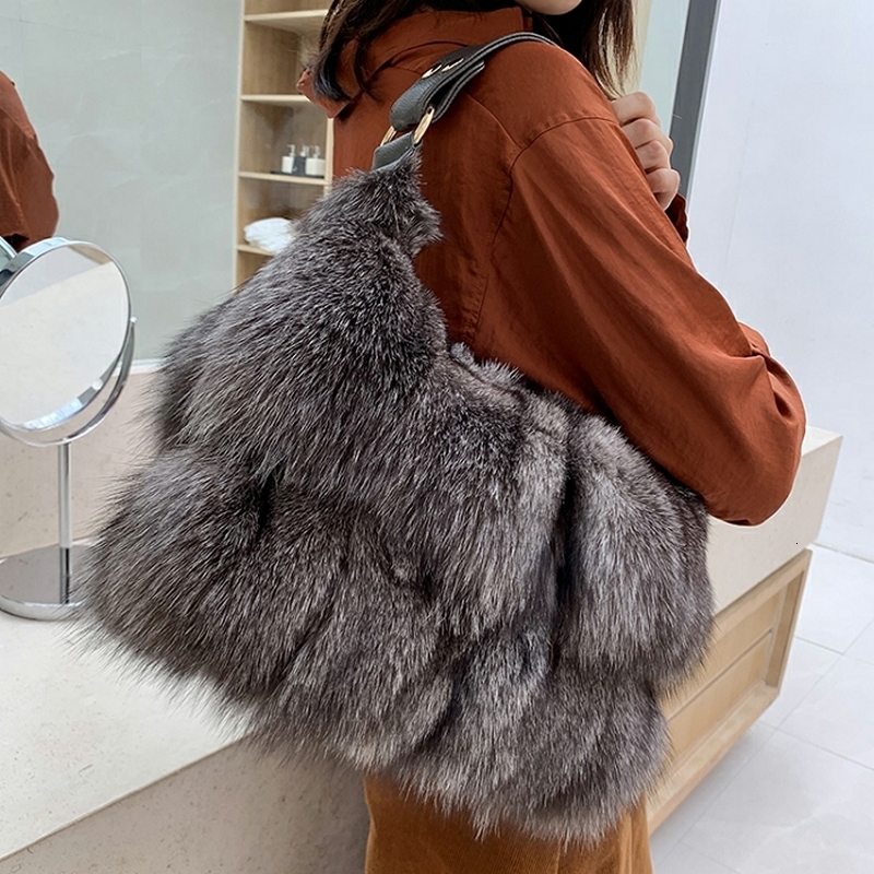 FXFURS 2021 New Real Women Message Single Shoulder Crossbody Bags Sier Fox Fur Large Lady Clutch Bag