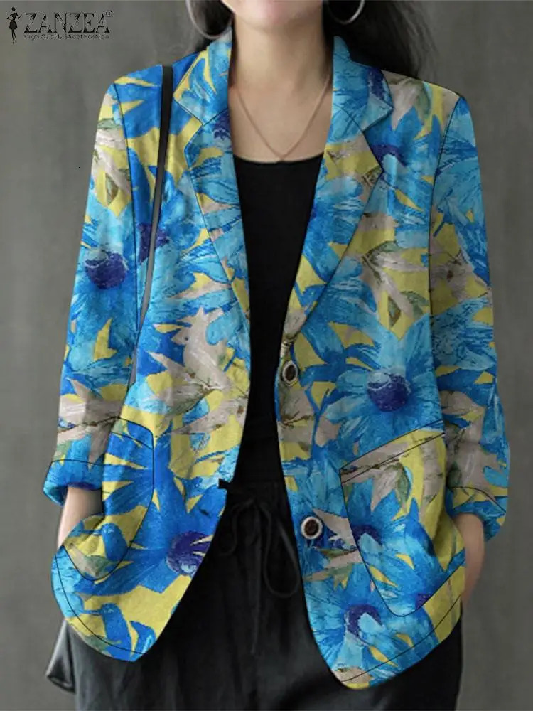 ZANZEA Autumn Women Blazer Bohemian Floral Printed Thin Coats Casual Lapel Neck Long Sleeve Suits Outwear Woman Jackets Oversize 250207
