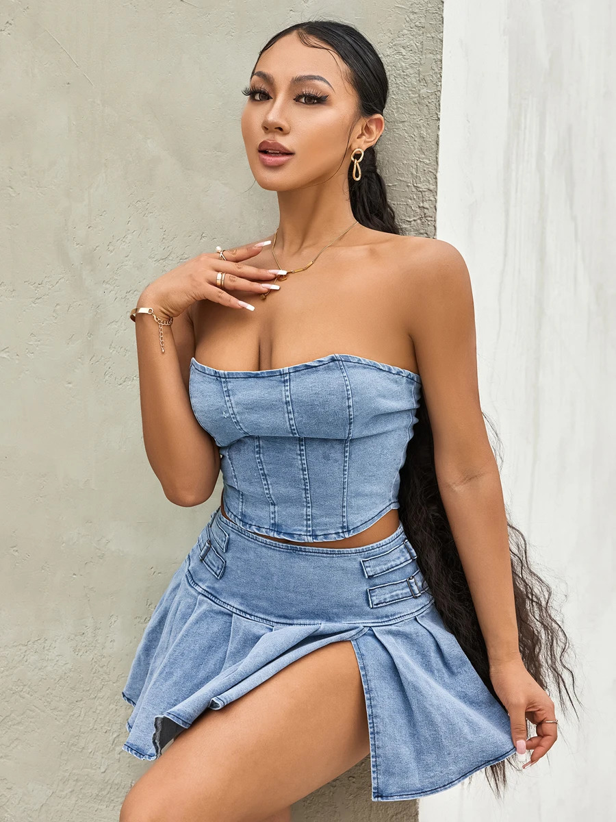 Womens Summer 2PCS Outfit Sets Solid Color Sleeveless Off Shoulder Zipper Bandeau Pleated Denim Skirt 250207