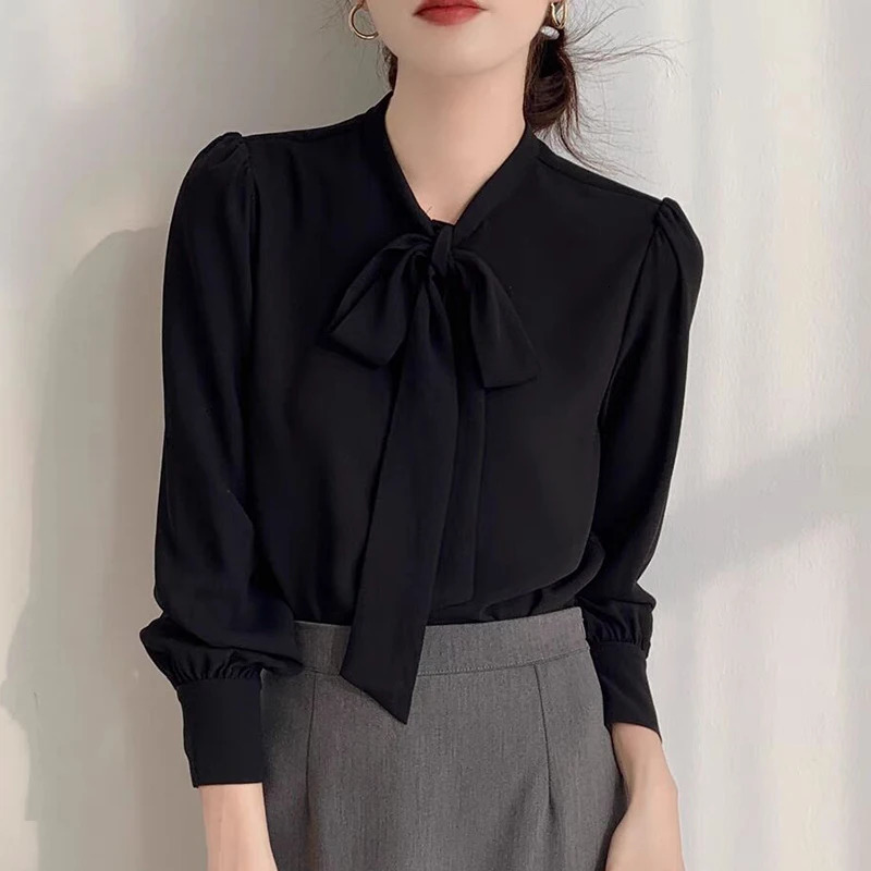 2025 Spring Autumn Satin Womens Bow Blouse Blue Long Sleeve Turndown Collar Casual Elegant Korean Office Lady Shirt Female 250121
