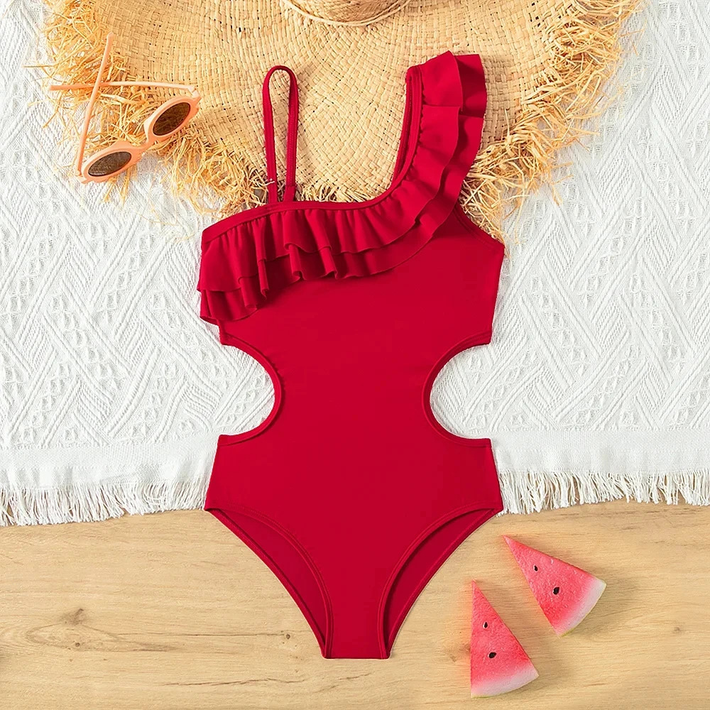 Retro Red Color Teenage Girls Swimsuit One Piece 5-14 Year Kids Swimsuit Ruffled Swimwear beachwear 250207