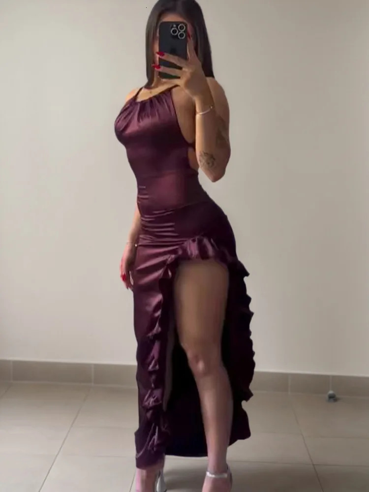 Sexy backless sleeveless Midi dress for women pleated high slit party club body street evening elegant womens clothing 250207