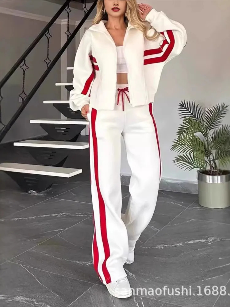 Striped Zipper Coatsweatpants Two Piece Set Women Casual Batwing Sleeve Sports Jacket Outfits Autumn Winter Sweatshirt Suit Y2K 250206