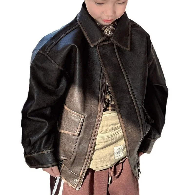 Vintage Leather for Kids Boys Coat Autumn Winter Street Handsome Warm Kids Leather Jacket Fashion Waterproof Children Outwear 250113