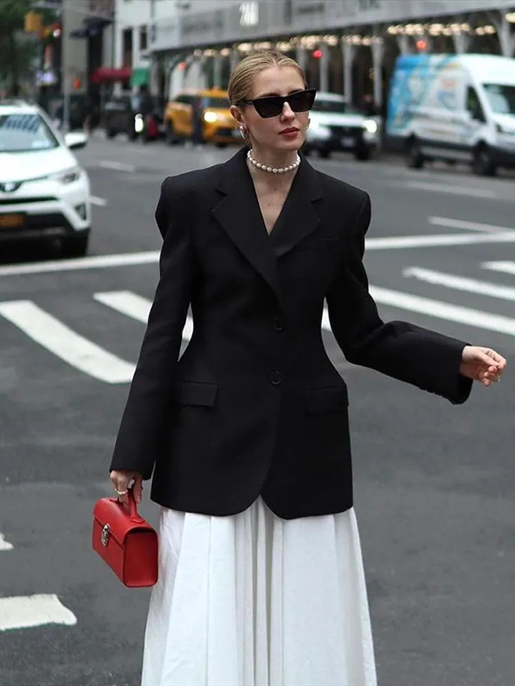 Elegant Suit Collar Shoulder Pads Jackets Women Slim Fit Single Breasted Long Sleeved Blazer Female Spring High Street Tops 250208wtt