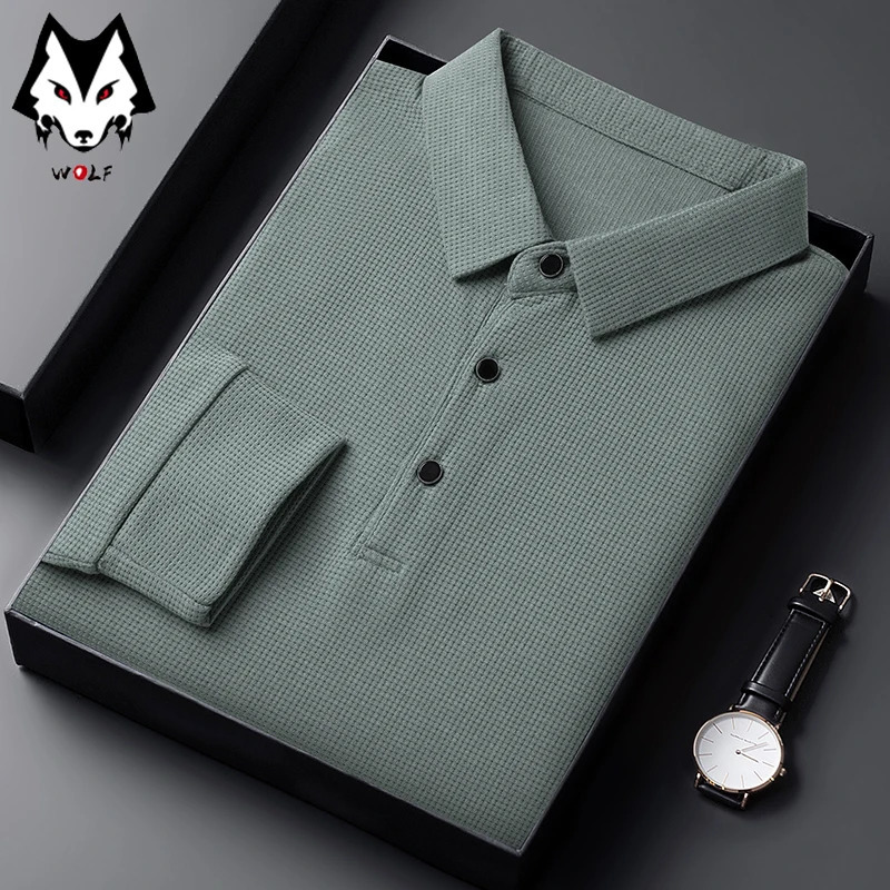 Mens Casual Waffle Polo Tshirt Breathable Comfortable Fashion Long Sleeve 250121