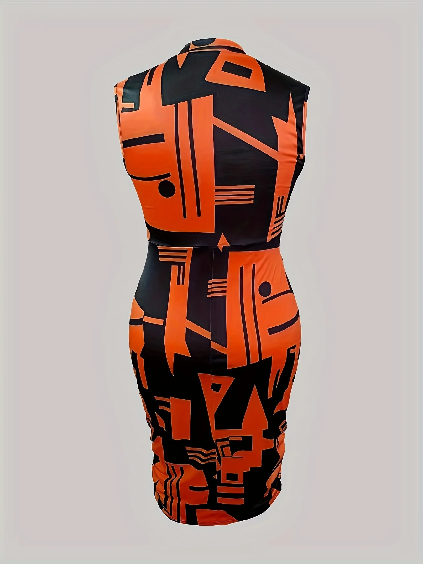 Plus Size Casual Tank Dress Geometric Print Mock Neck Medium Stretch Midi Slim Fit 250207