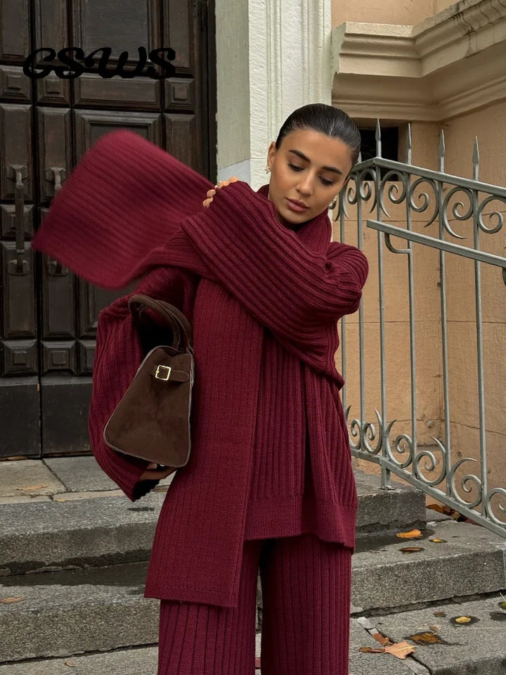 Elegant Knitted Burgundy Red Set Womens Autumn Long sleeved V-neck Loose Top with Scarf Fashion Elastic Wide Leg Pants Set 250207