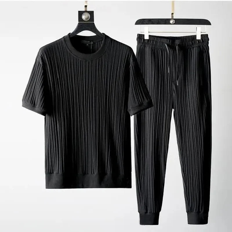 Men Outfit Set Summer Thin Short Sleeve T Shirts 2 Piece Tracksuit Korean Fashion O Neck Pullovers Sport Clothes 250207