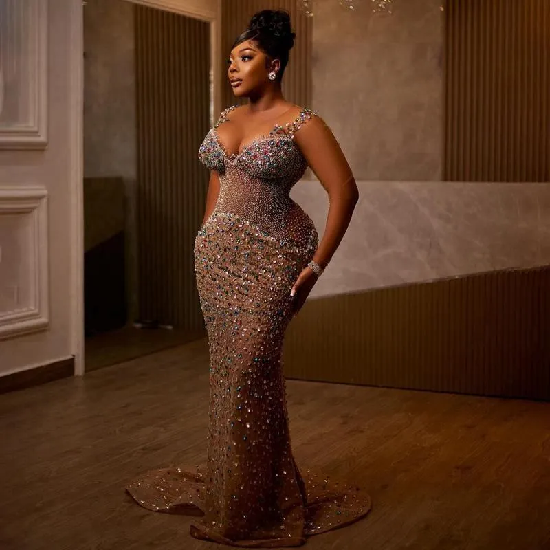 Aso Ebi Illusion Mermaid Prom Dresses 2025 Crystals Beaded urious Evening Formal Party Second Birthday Engagement Gowns Plus Size Dress For Special Oc