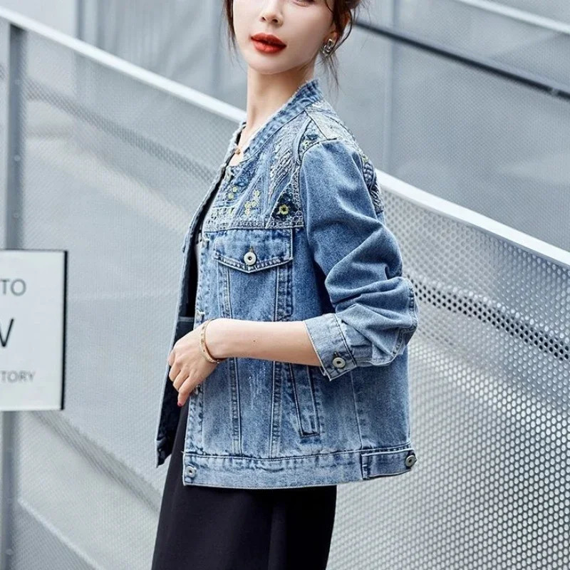 Spring Autumn Diamonds Denim Jacket for Women Crop Woman Jean Coat Short with Rhinestones Outerwear Patchwork Small Sequin Deals 250122