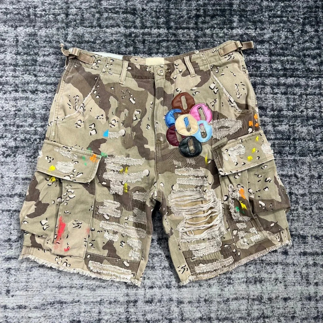 Summer Fashion Camouflage Splicing Leather Letter Washed Retro Knee Jeans Men Women Shorts 250208