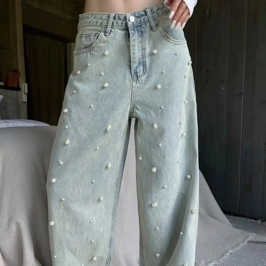 Loose And Fashionable Jeans Baggy Vintage Denim Trousers Pearls Cow Pants Aesthetic Trashy Oversize Clothes 250206