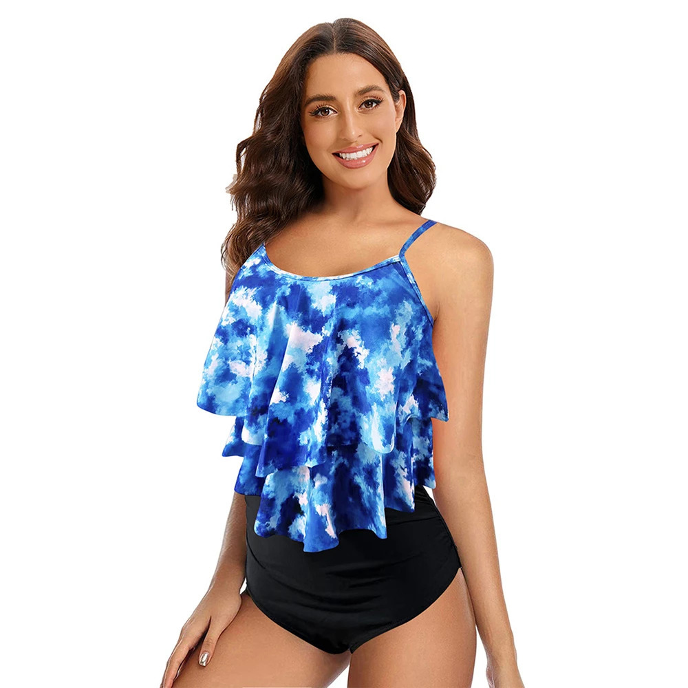 8 Colors Women Ruffled Tankini Set Padded Top With Adjustable Shoulder Straps Elastic Slim Knitted High Waisted Beachwear 250206
