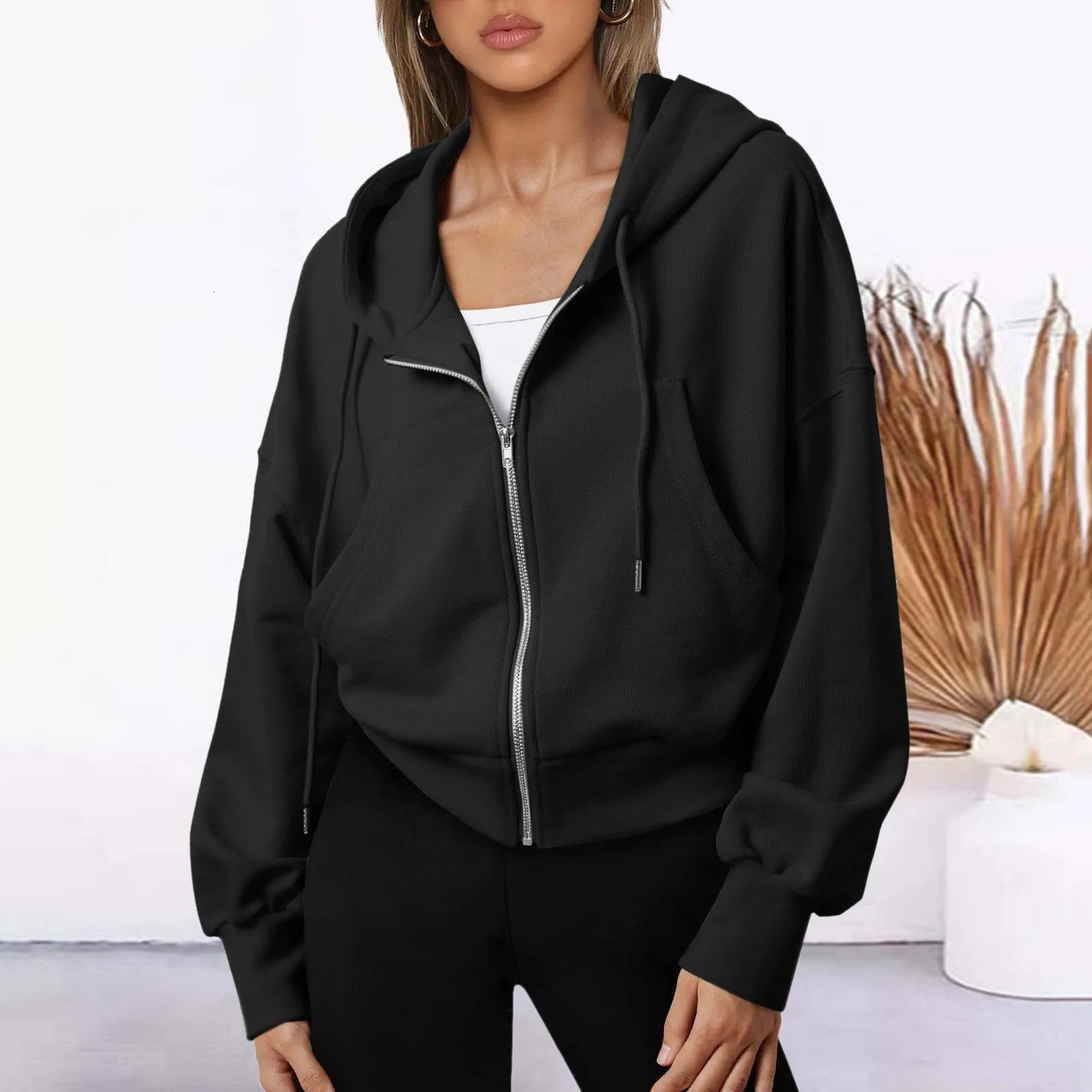 2024 Fashion Cropped Hoodie Solid Color Zip Up Oversize Hoodies Long Sleeve Casual Sweatshirt Elegant Holiday Pocket 250208Z