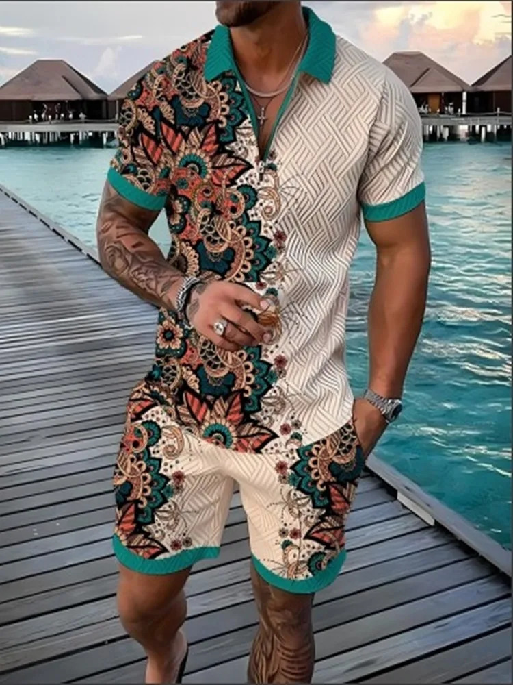 Fashion summer mens flower shirt casual holiday shortsleeved Polo set 3D printed clothing 2 pieces 250207