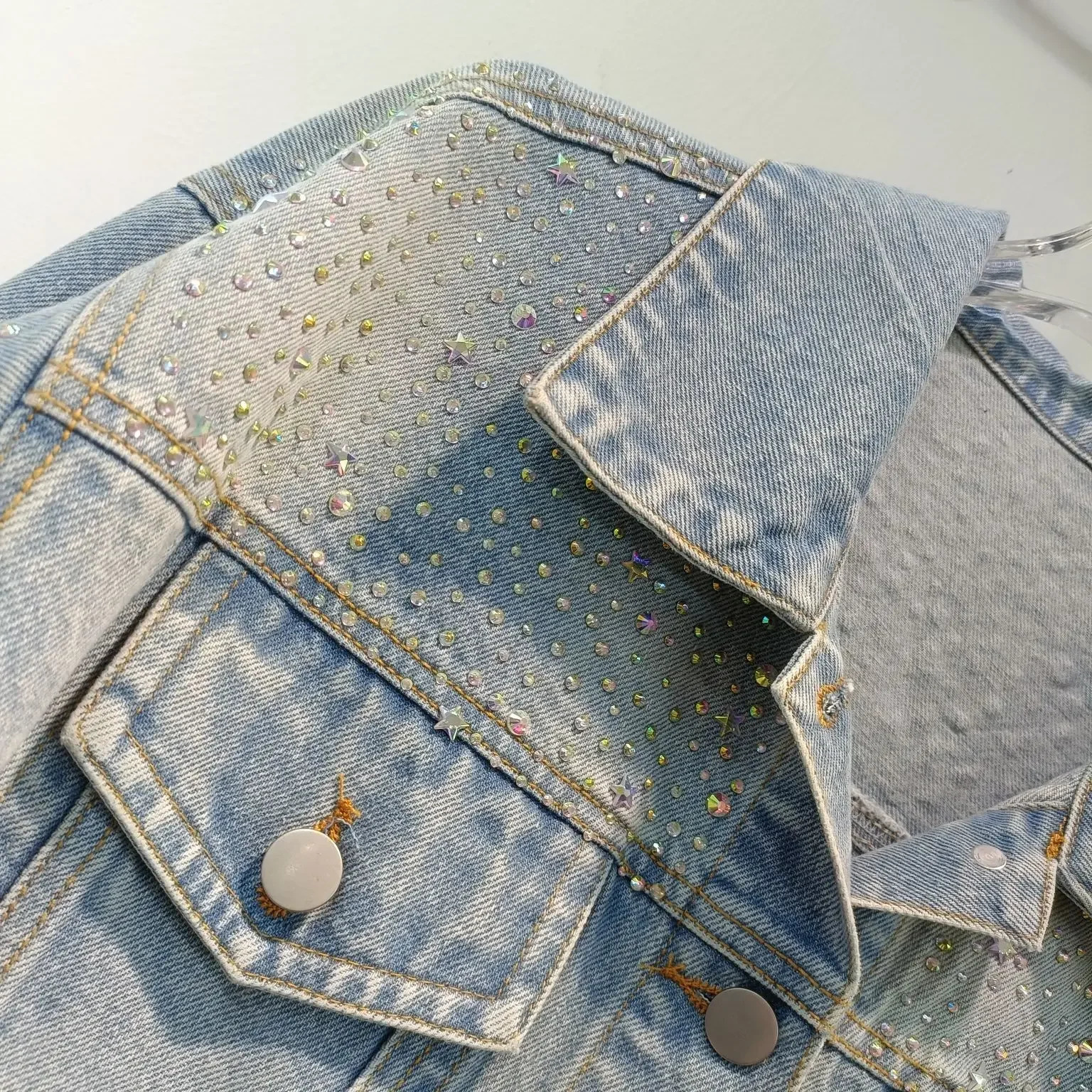Style Denim Jacket Womens Cropped Top Loose Fit Casual Diamond Embellished Gradient Denim Coat From Korea 250122