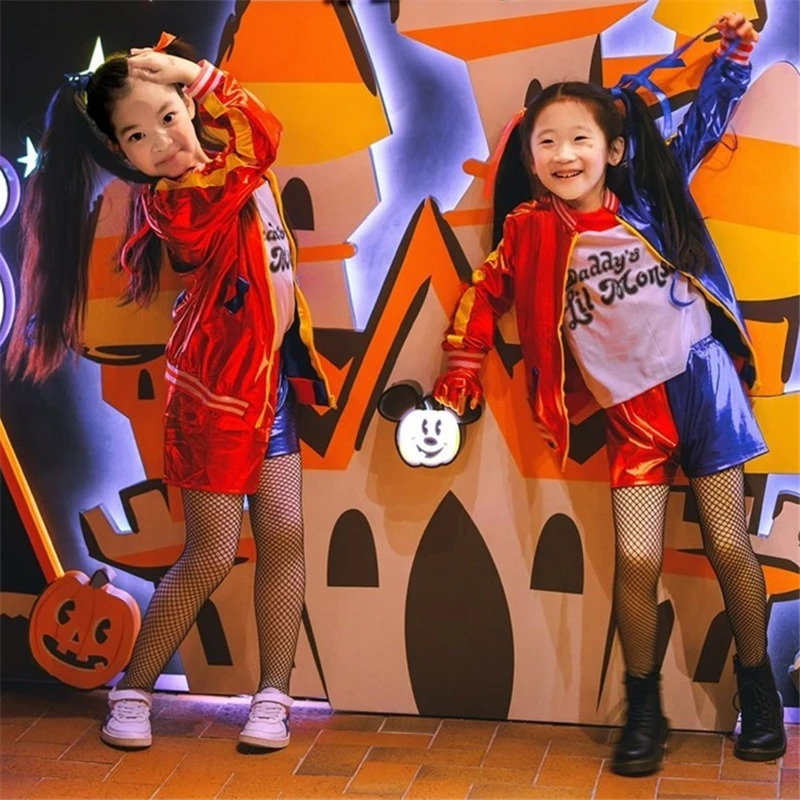 Carnival Kids Girls Suicide Harley Cosplay Costumes Squad Quinn Monster Jacket Pants Sets Inflatable Baseball Bat Suit 250207