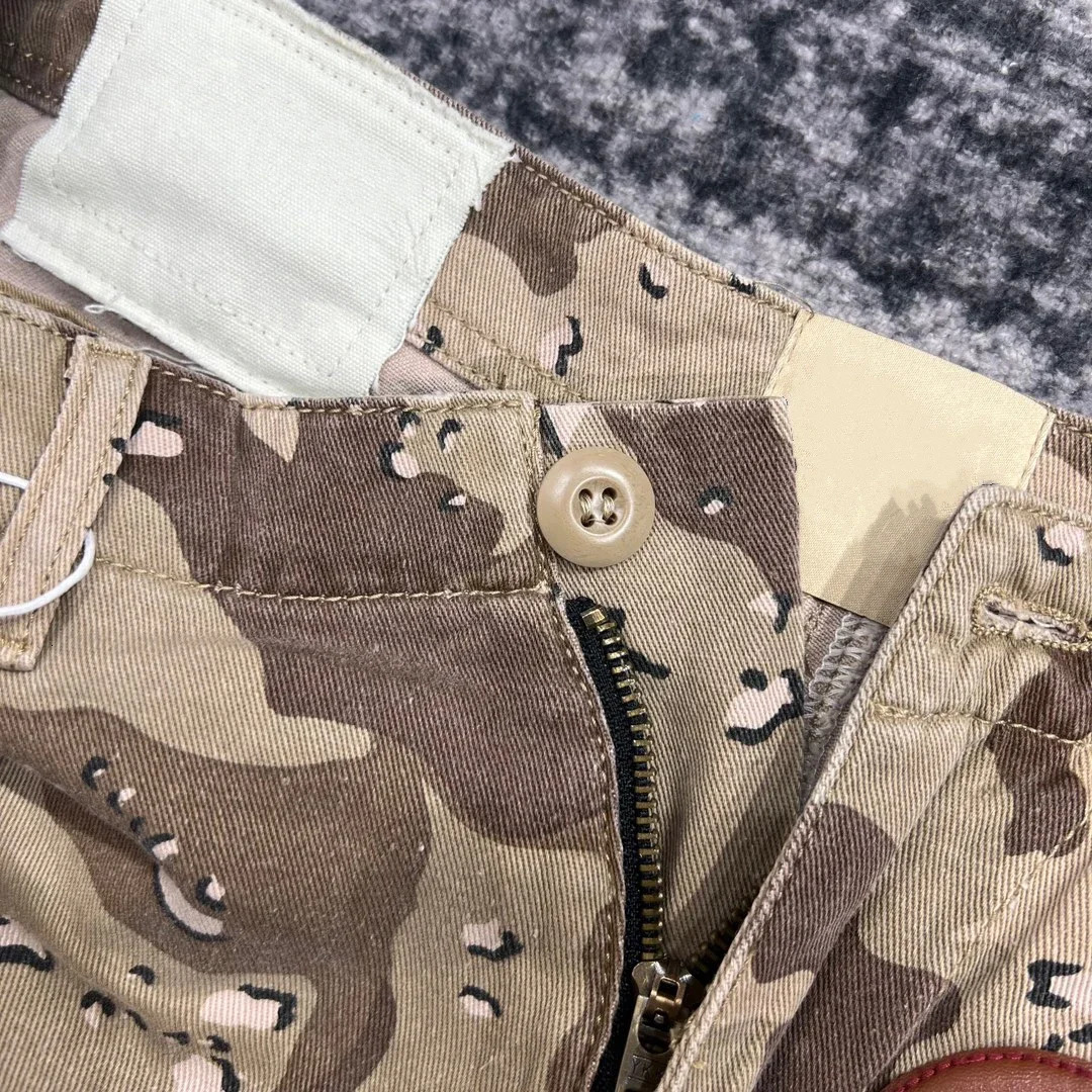 Summer Fashion Camouflage Splicing Leather Letter Washed Retro Knee Jeans Men Women Shorts 250208