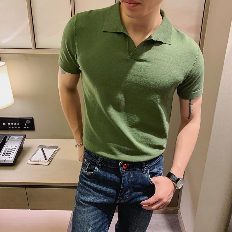 Men Ice Silk Openwork Knitting Lapel Short Sleeve Mens Polo Shirt Slim Polo Shirt Mens Polo Shirts with Short Sleeve H134 250208