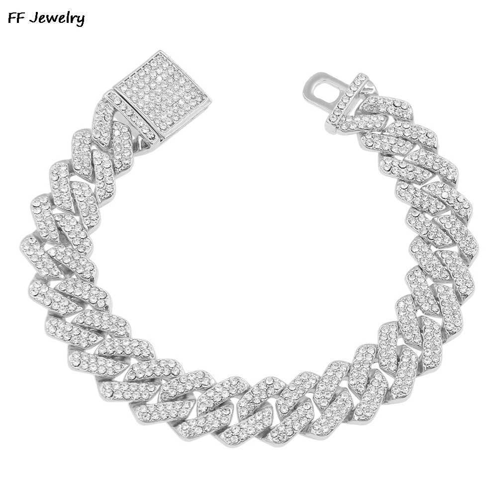 14mm Hip Hop Shiny Cuban Link Chain Bracelets Gold Color Rhinestone Iced Out Chain Bracelets Punk Wristband Women Men Jewelry Y250208