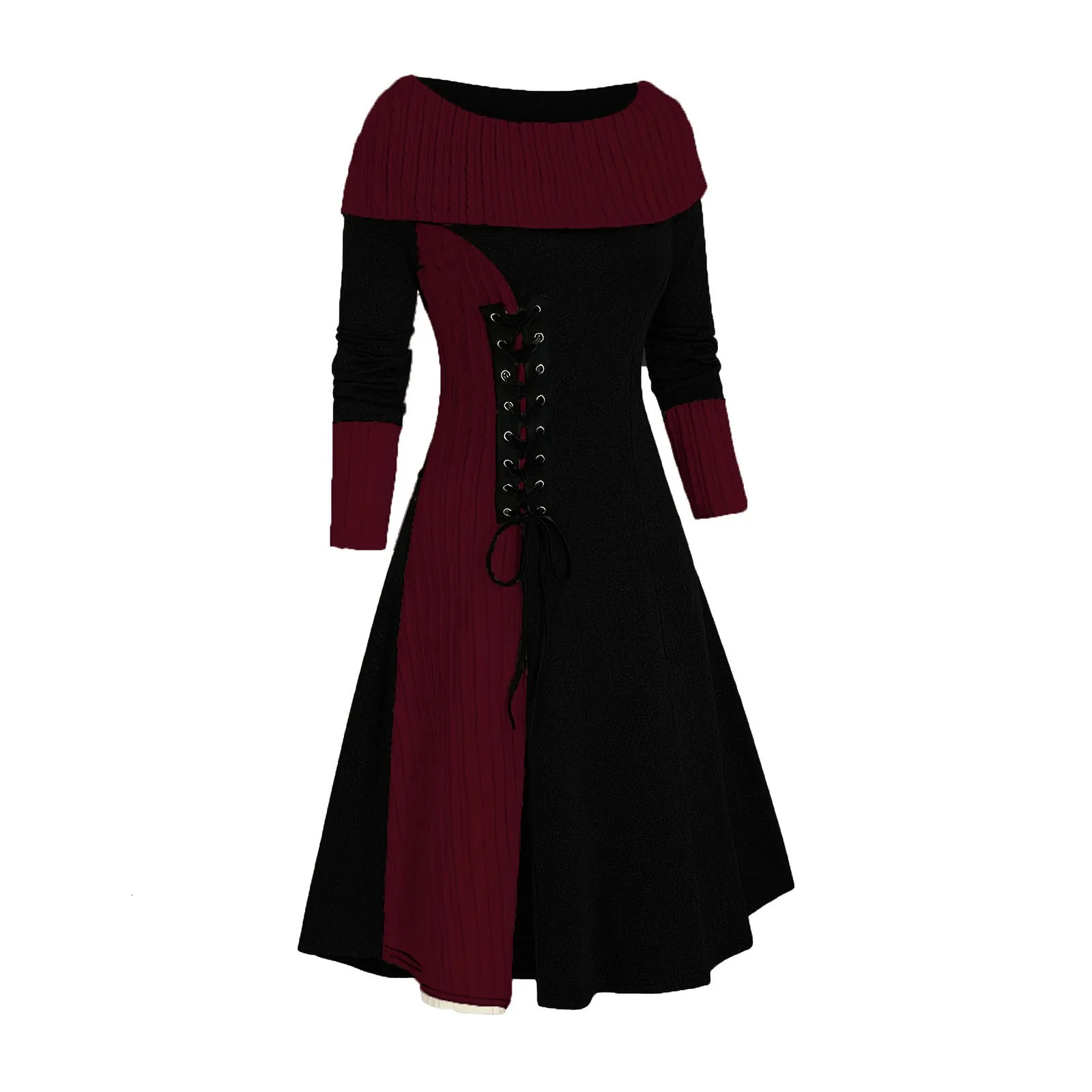 Autumn Longline Patchwork Cable Knit Panel Full Sleeve Dress For Winter Button Cowl Neck A Line Knitted Female Robe 250208