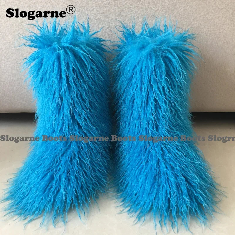 2024 Women Winter Snow Boots Outdoor Faux Wool Furry Curly Fur Woman Plush Warm 3CM Platform Shoes Large Size 250118