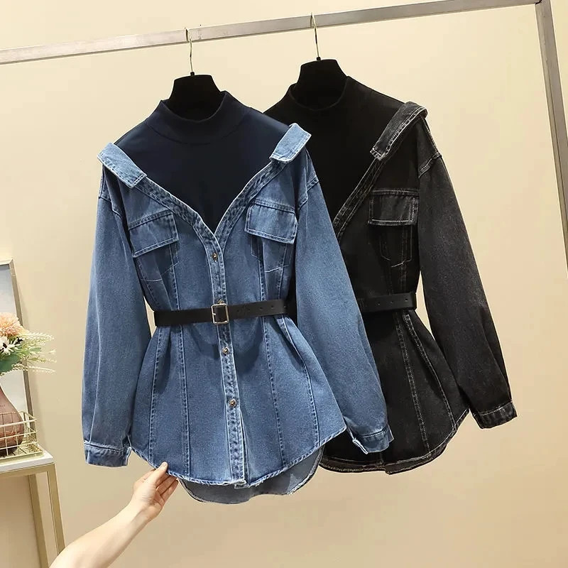 Womens Denim Jacket 2024 Spring Autumn Two Pieces Appear Thin Ladies Temperament Long Sleeve Female Cowboy Coat 250113