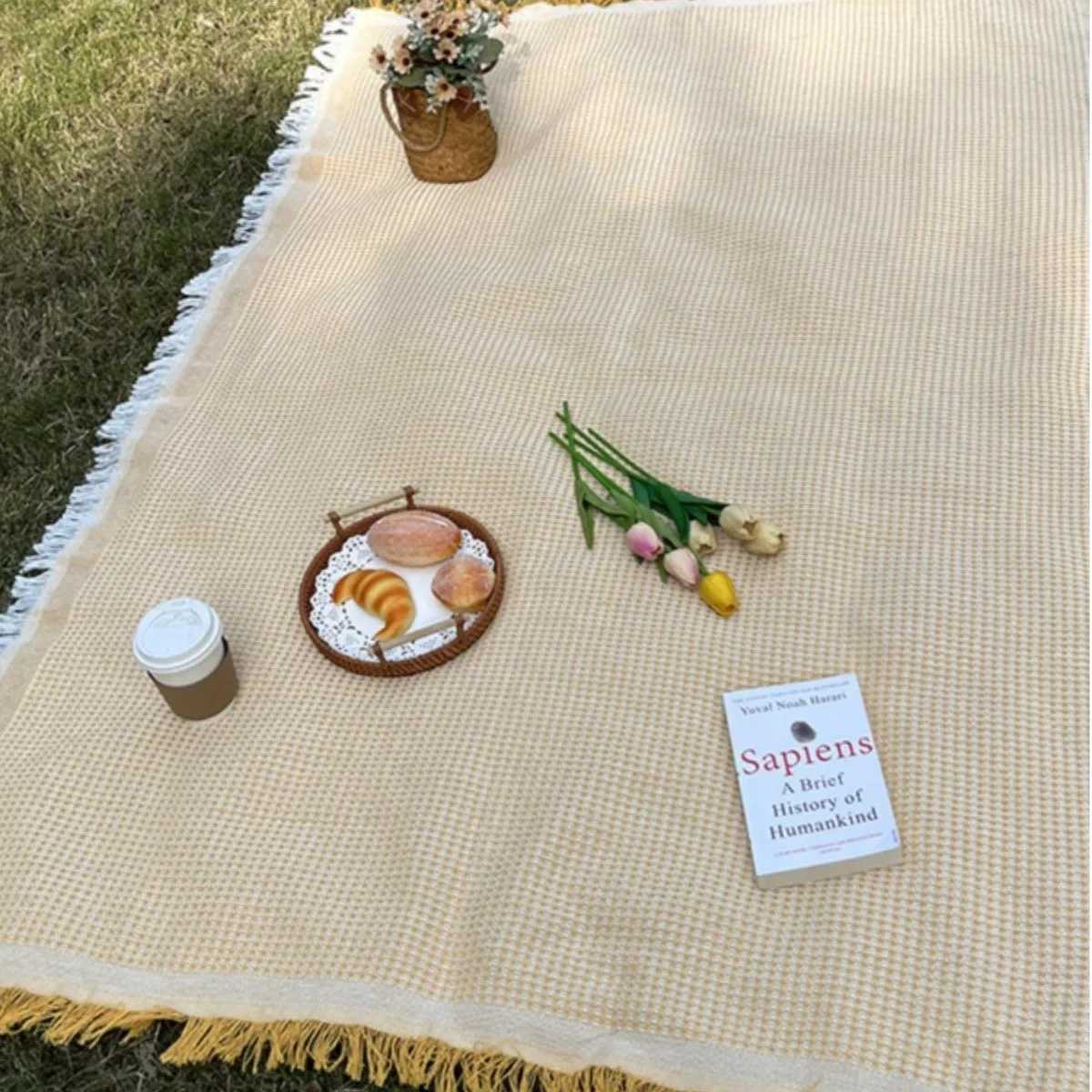 Picnic Blanket with Tassel Camping Mat Lawn Pad for Outdoor Travel Portable Knitting Tablecloth Nap Bedspread Y250210