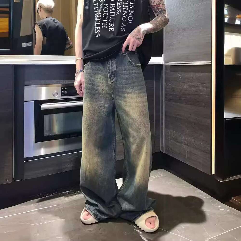 Vintage American Style Men's Jeans Loose-Fit Wide-Leg Gradient Trendy Brand High Street Punk Long Pants For Autumn/Winter