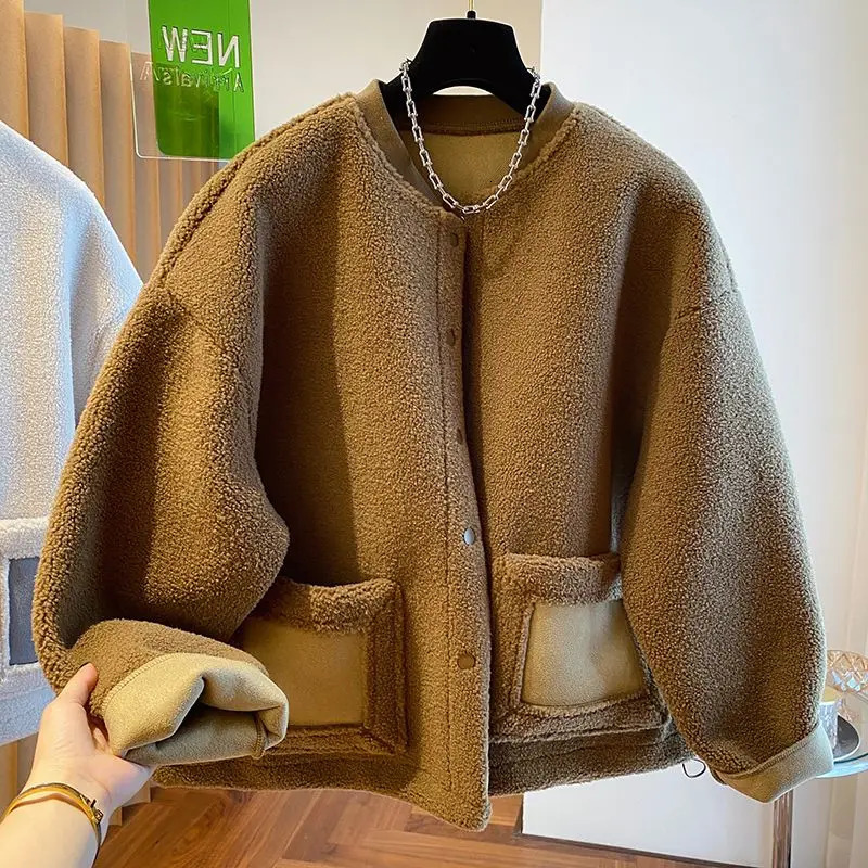 Korean Elegant Casual Lamb Wool Jacket Women American Oversized 2024 Autumn Winter Wear Thickened Suede Fur Top 250113