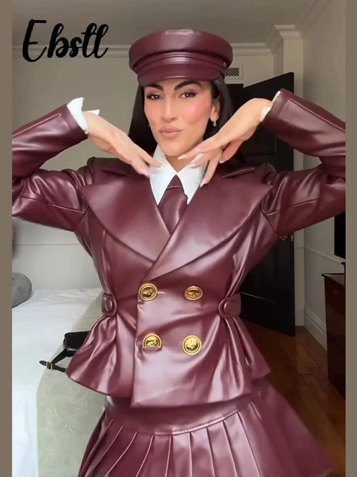 Double Breasted Leather Jacket Skirts Set Women Wine Red Lapel Slim Coat Pleated Mini Skirt 2024 Autumn Lady Chic Outfits 250109