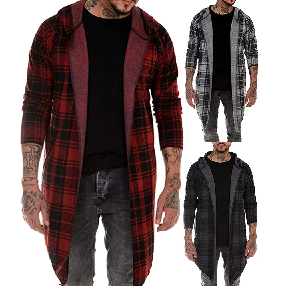 Autumn Winter Men Sweatshirt Long Sleeve Plaid Casual Outwear Mens Shirt Coat Hoodies Hooded Hat Cardigan 250207