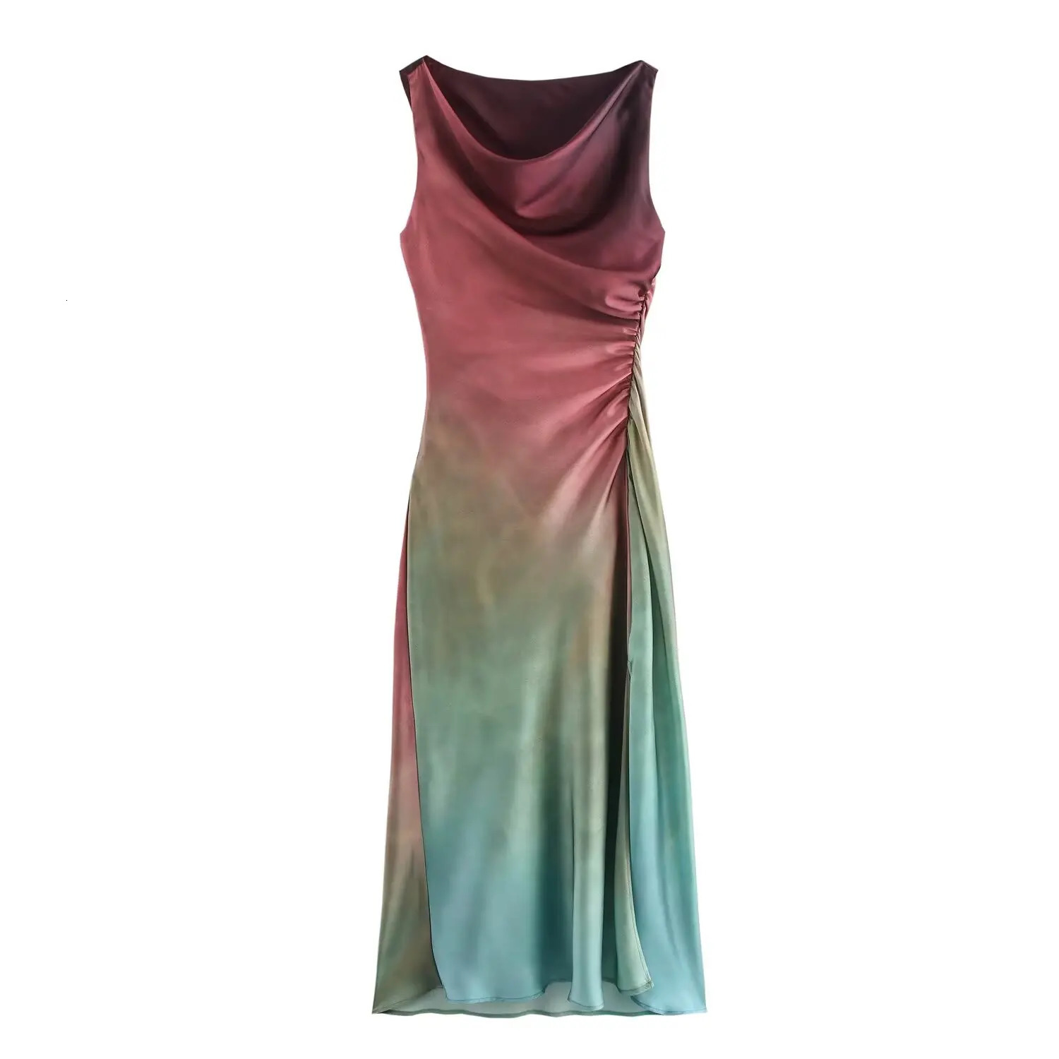 European And American Style Womens Fashionable Simple Pleated Slim Fit Slit Tie Dye Printed Texture MIDI Dress 250207