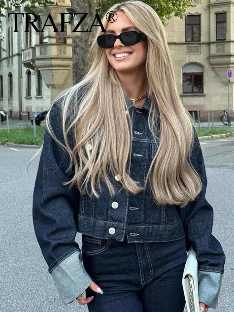 TEAFZA Vintage Women Patchwork Denim Jacket Pant Sets Long Sleeve Cropped CoatHigh Waist Wide Leg Pants Streetwear Suit 250207