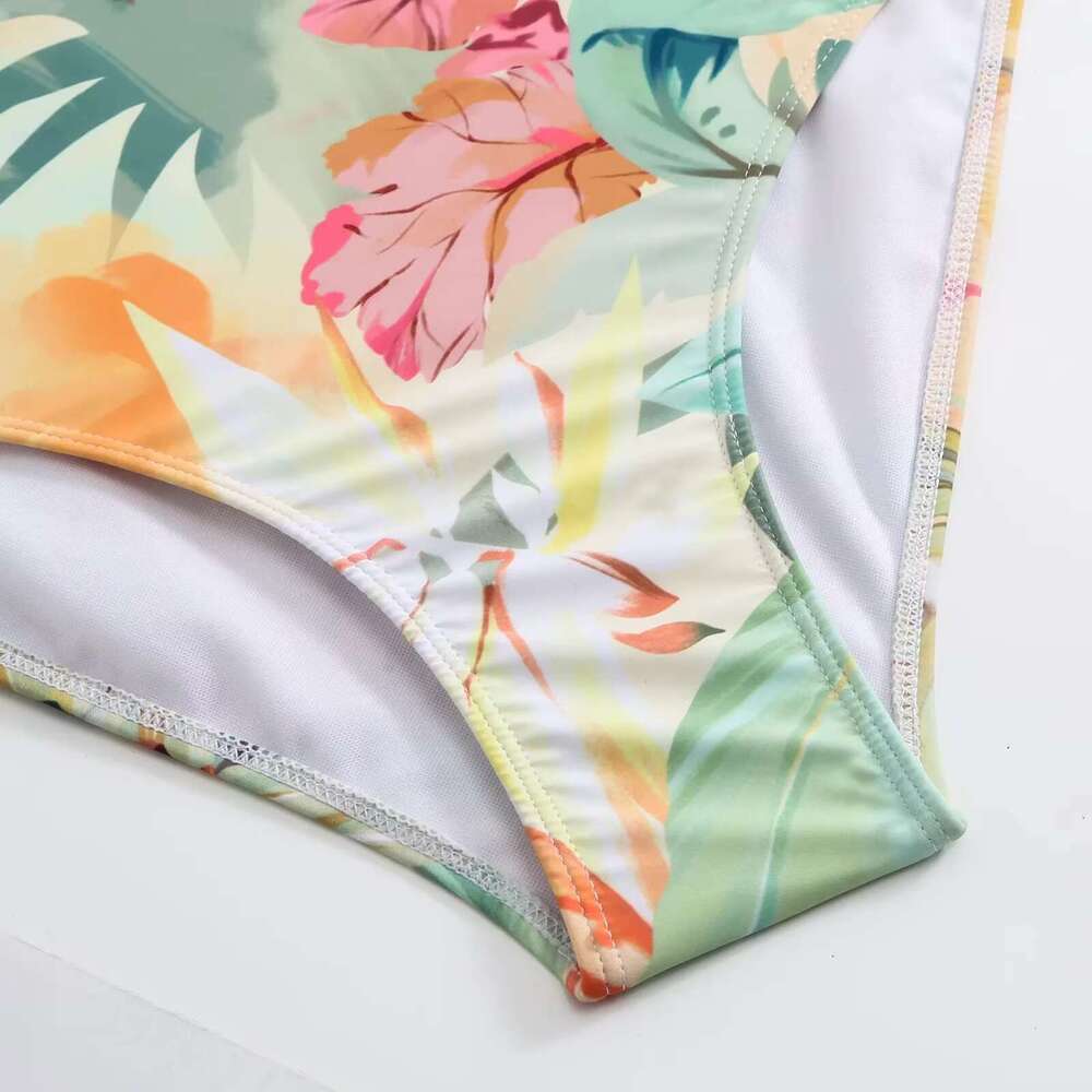 One-piece Bikini Set Women ral Print V-neck Swimsuit Sexy High Waist Beach Skirt Bathing Suit Swimwear Summer Monokini