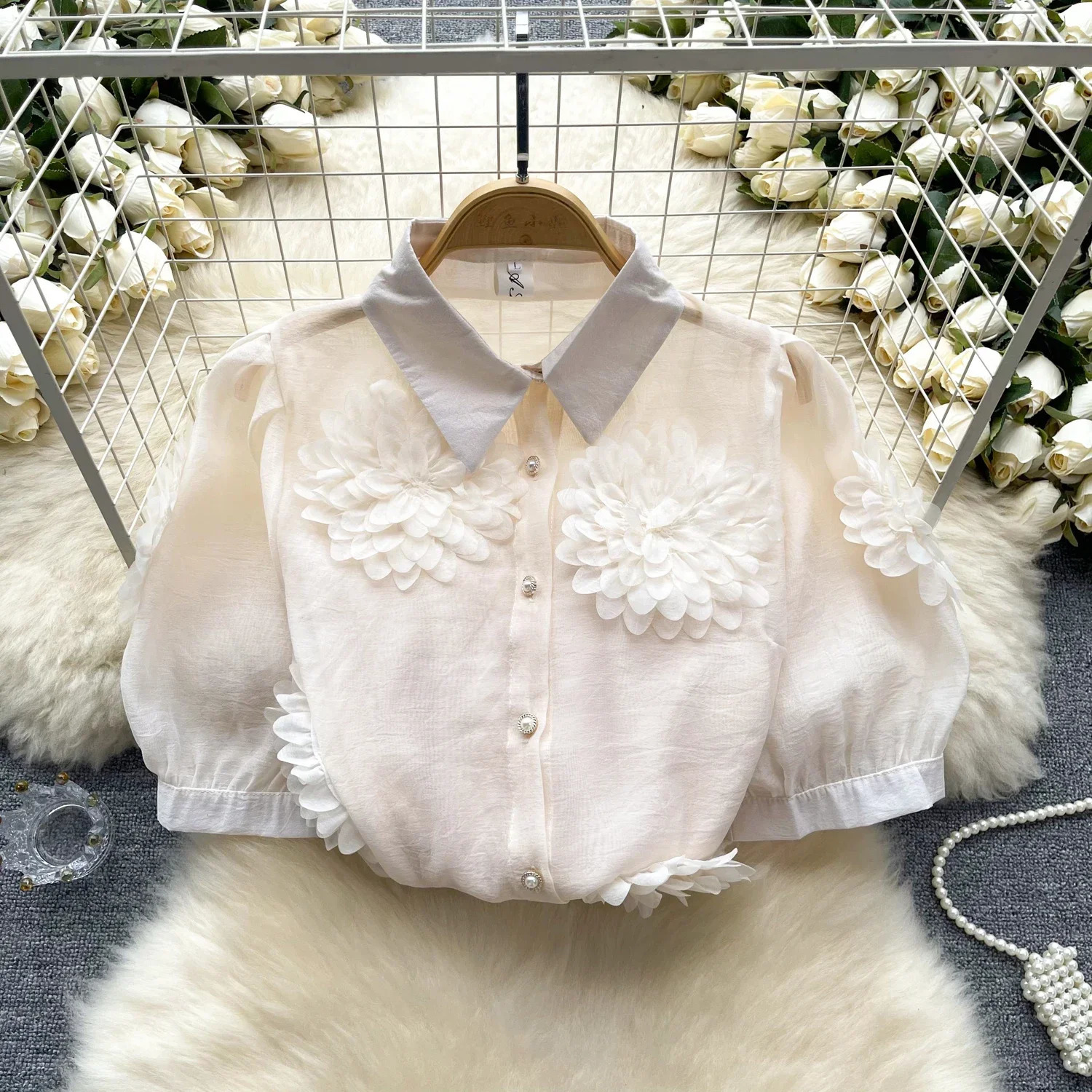 2025 French Style 3D Floral Blouse Women Lapel Neck Short Sleeves Pearl Loose Top Fashion sweet Sheer Chiffon Shirt 250121