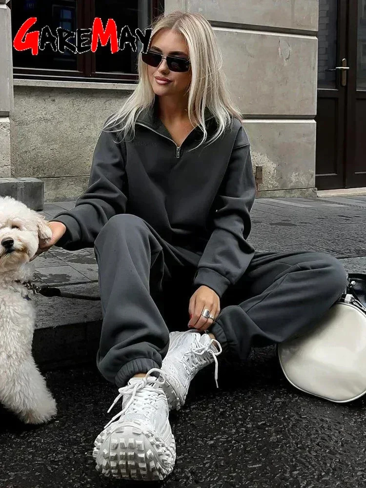 Autumn Womens Tracksuit with Zipper Cotton Oversize White Casual Two Piece Set Women Classic Sports Trouser Suits for Women 250207