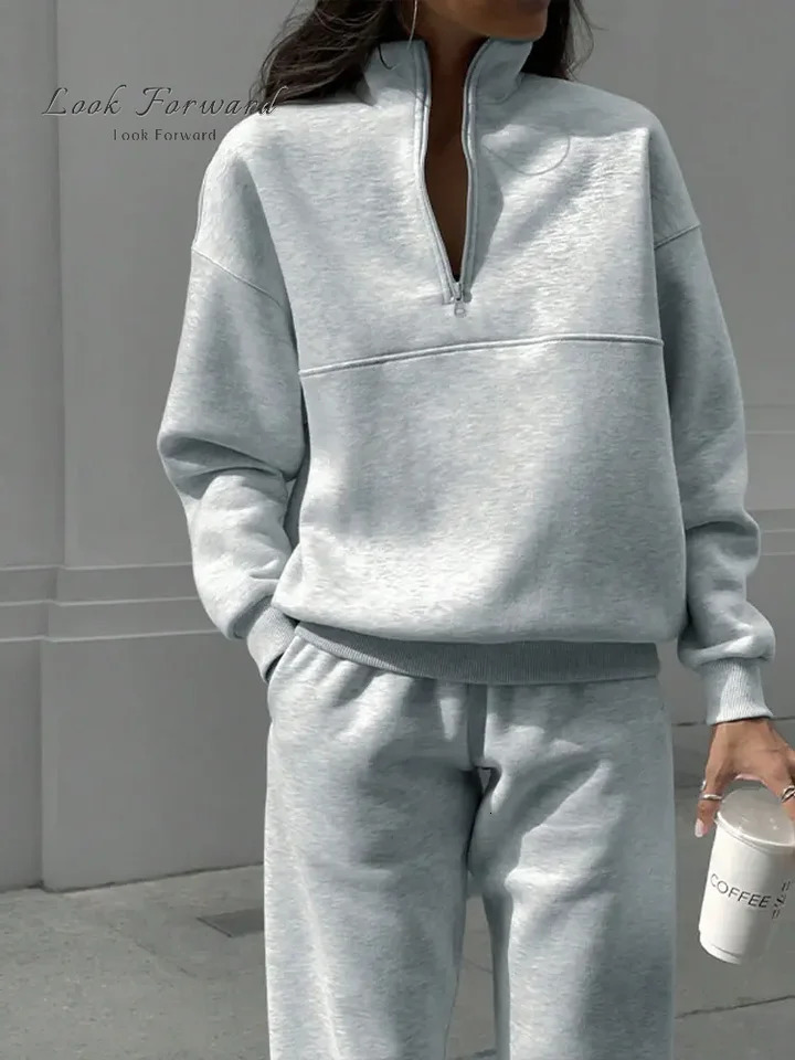 Casual pants set for womens autumn loose zipper long sleeved womens tight jumpsuit 250207