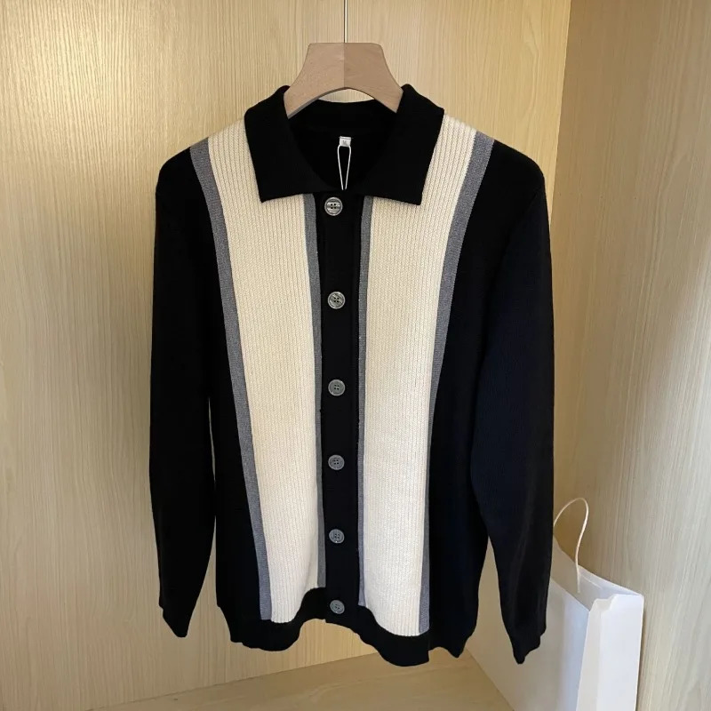 Mens clothing fashionable contrasting color patches buttons sweaters cardigans winter polo collars long sleeves loose knit jackets 250207
