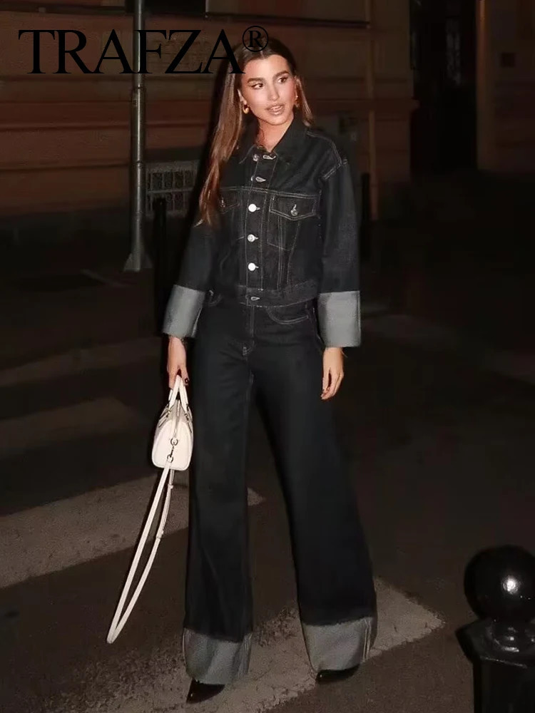 TEAFZA Vintage Women Patchwork Denim Jacket Pant Sets Long Sleeve Cropped CoatHigh Waist Wide Leg Pants Streetwear Suit 250207