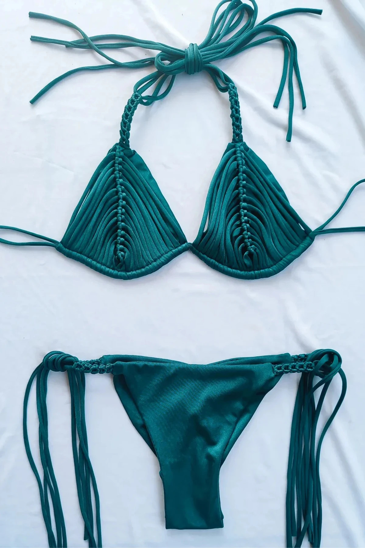 2024 Bandage Stripe Brazilian Bikini Swimwear Womens Braided Rope Swimsuit Two Piece Set Female Sexy Woman Beachwear Summer 250206