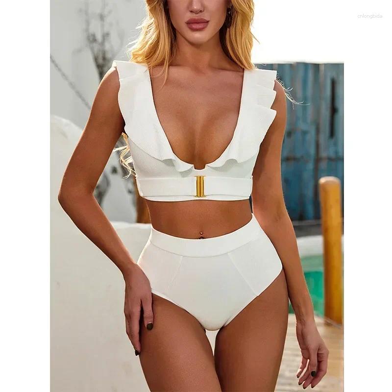 Womens Swimwear Bikini 2025 Sexy Swimsuit Women Ruffle V-neck Metal Buckle High Waist White Beach Bikinis Set Bathing Suit Push Up